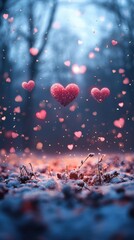 Obraz premium Floating hearts in a serene winter landscape.