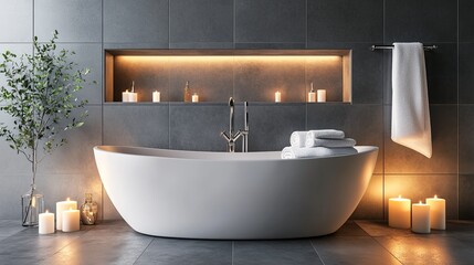 A sparkling bathtub surrounded by candles and fresh towels neatly folded