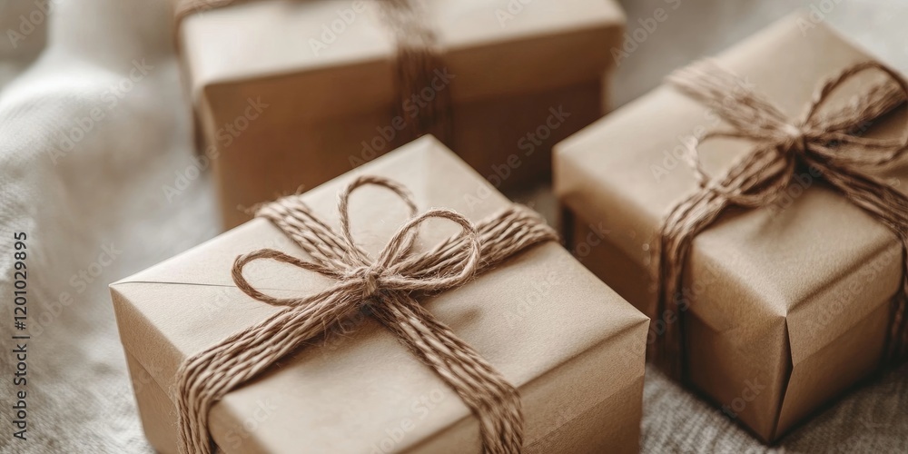 Wall mural Elegant gift boxes wrapped in brown recycled paper on a beige fabric background, showcasing eco-friendly packaging for special occasions.