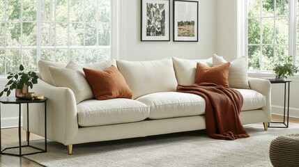 Cozy modern living room with white couch, orange pillows and blanket