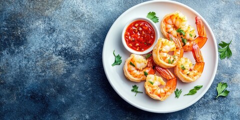 Fried organic shrimp arranged on a white plate with dipping sauce on a blue stone backdrop featuring ample negative space for text