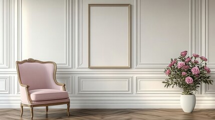 Elegant Pink Chair and Flower Stand in Classic Interior Design