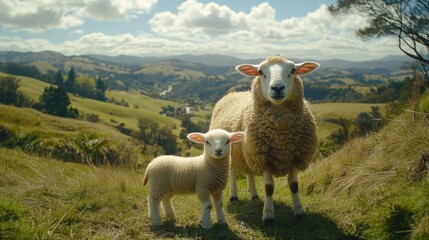Fototapeta premium Sheep and Lamb Standing Together in Scenic Green Pasture Landscape