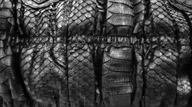 Black snake leather, shiny python leather, snake leather bag, decorative background.