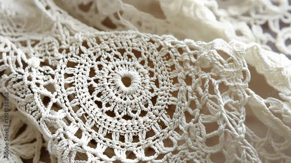 Poster delicate white crochet lace showcasing intricate circular patterns and fine craftsmanship on soft fa