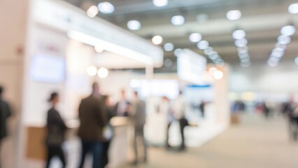 A professional trade show or expo, with booths and participants blurred.