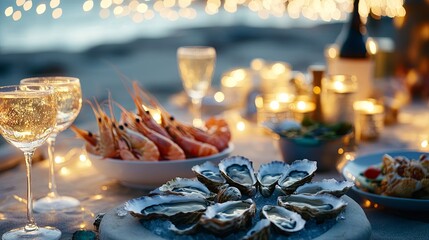 A sparkling beachside seafood feast with fresh oysters, prawns, and cocktails