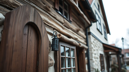 Rustic Wooden House Exterior: Log Cabin Architecture and Design. Picturesque Home with Stone Details and Vintage Charm. Real Estate, Property, and Residential Architecture.