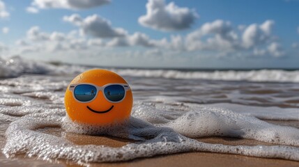Naklejka premium Smiling emoji ball with sunglasses at the beach on a sunny day