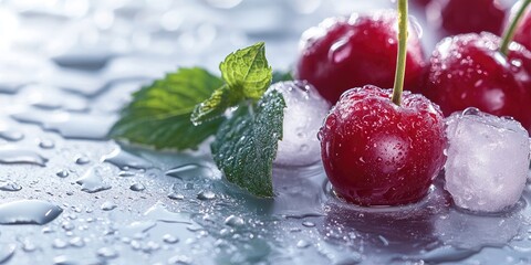 Fresh red cherries with water droplets resting on a reflective surface, surrounded by mint leaves and ice cubes glistening in natural light.
