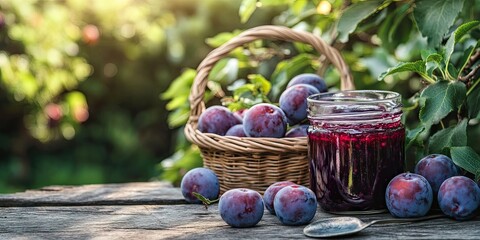 Rustic wooden table with a glass jar of plum jam and a woven basket filled with fresh plums surrounded by green foliage in a sunlit garden
