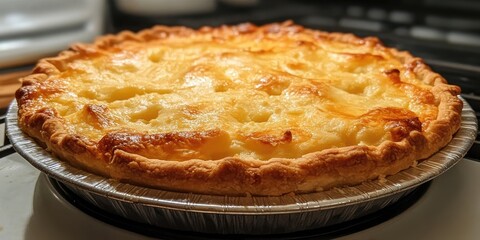 Freshly baked golden cheese and potato pie in silver pie dish on black oven rack with blurred kitchen background showcasing warmth and texture.