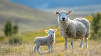 Obraz premium Mother Sheep with Lamb in a Beautiful Green Pasture Landscape