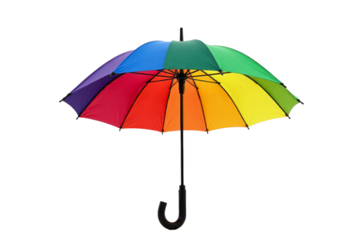Rainbow umbrella with black handle on transparent background