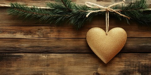 Golden glittery heart ornament hanging from brown twine on a rustic wooden background with green pine branches creating a festive atmosphere