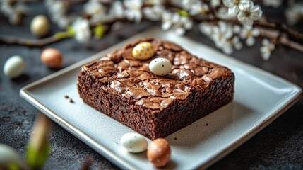 Decadent Chocolate Brownie with Easter Eggs on a White Plate