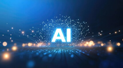 “AI” in glowing white letters on a blue background, encircled by light beams and stars, creating an abstract pattern with a soft bokeh effect, symbolizing artificial intelligence and digital transform