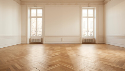 Obraz premium Empty Parisian Apartment Herringbone Wood Floor White Walls Large Windows
