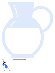 Small character using binoculars next to giant water jug, highlighting curiosity in everyday items. Ideal for exploration, perspective, innovation, creativity, curiosity, research, abstract line flat