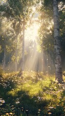 Obraz premium Echoes of the Earth , Serene Forest Clearing with Sunlight and Wildflowers