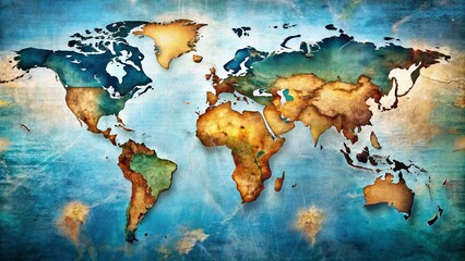 Double Exposure World Map: America Centered, High-Detail Political Map with Labels