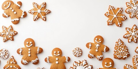 Festive layout of decorated gingerbread cookies on a light beige background with snowflakes and holiday shapes arranged around a central space for text