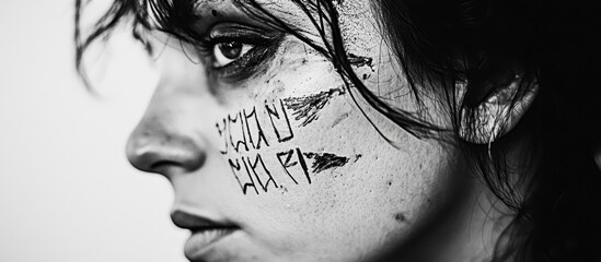 Woman's profile, hieroglyphs on face, monochrome, studio