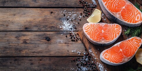 Fresh Norwegian salmon steaks on a rustic wooden table garnished with coarse sea salt, pepper, and lemon slices, perfect for healthy meals.