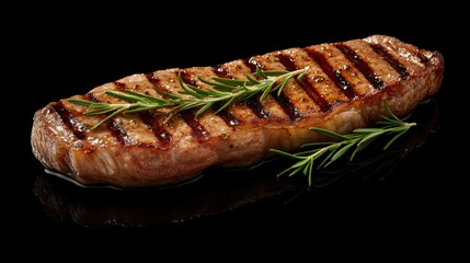 Grilled Steak Garnished with Fresh Herbs on Black Background