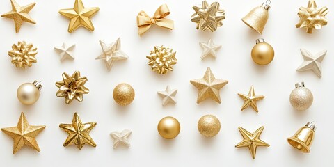 Fototapeta premium Golden holiday decorations including bows stars and bells arranged on a white background with empty space for text centered throughout the image