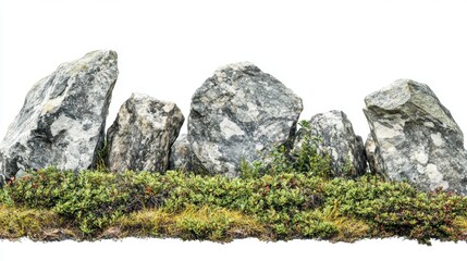 Natural Stones and Green Grass Isolated on White Background