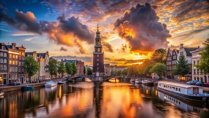 Obraz premium Dramatic Amsterdam Timelapse: Coin Tower, Amstel River & Cityscape