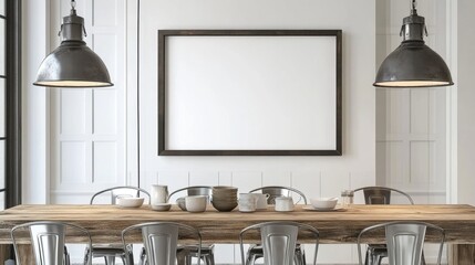 Elegant Modern Dining Room with Pendant Lights and Blank Canvas