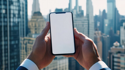 Close shot of the hands of businesman holading a smart phone with white screen