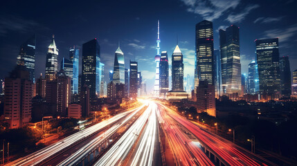 Fototapeta premium Dynamic Night Cityscape with Illuminated Skyscrapers