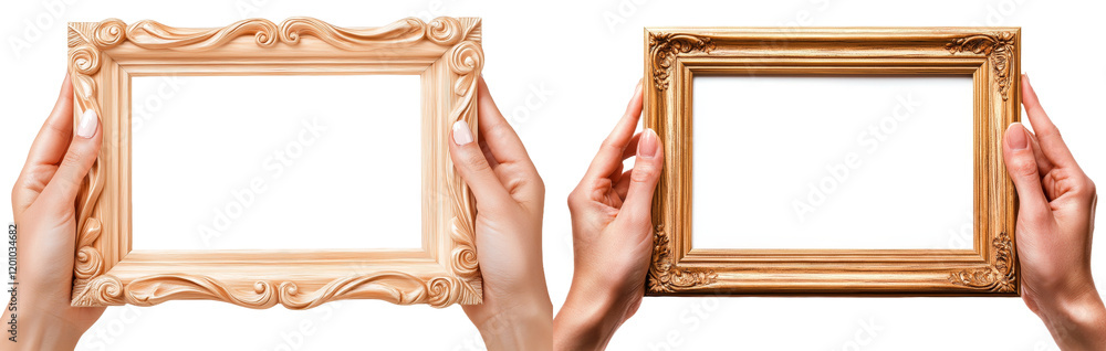 Poster isolated hands grasping a wooden frame on a transparent backdrop