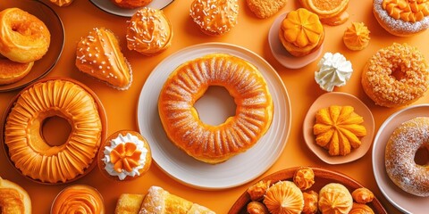Vibrant array of orange Dutch desserts including donuts and tompouce arranged on orange background with pastries in circular and decorative shapes