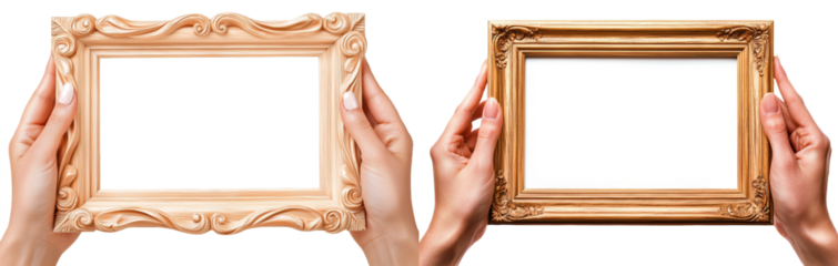 Isolated hands grasping a wooden frame on a transparent backdrop