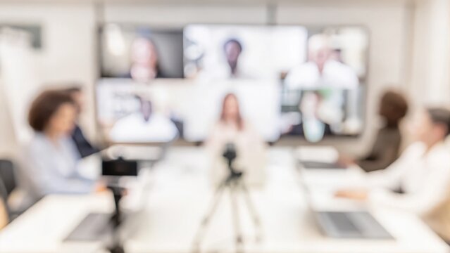 A blurred image of international team members gathered around a video conference setup, showcasing diverse collaboration.