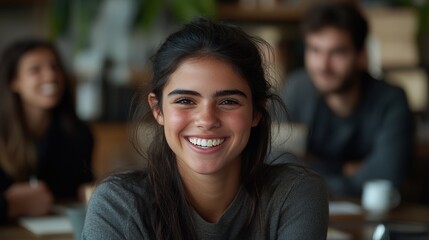 Young woman with a bright smile in a casual coffee shop setting