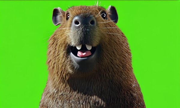 Happy capybara close-up, green screen background, animal portrait, for animation