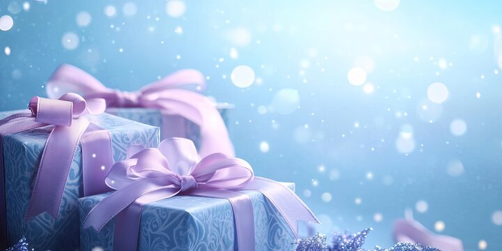 Decorative gift boxes with lilac ribbons positioned in the foreground against a soft blue bokeh backdrop with space for personalized text