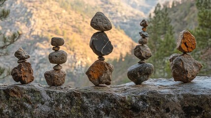 Obraz premium Balanced stacks of stones against a mountain backdrop.
