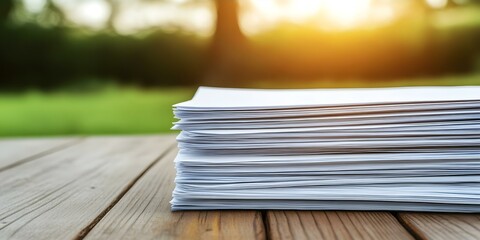 A stack of blank papers stacked on a wooden surface with a blurred natural background and soft sunlight. Concept Photography Composition, Natural Lighting, Minimalist Aesthetic, Wooden Surface