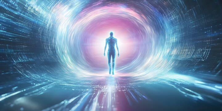 A glowing figure stands at the center of a swirling, futuristic tunnel, illuminated by vibrant colors and dynamic lights. Concept Futuristic Tunnel, Glowing Figure, Vibrant Colors, Dynamic Lights