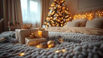 Naklejka na ściany i meble Cozy Bedroom with Christmas Decor and Gifts for Holiday Inspiration