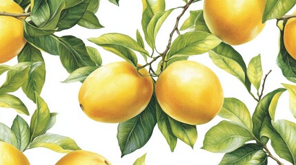 Fresh Yellow Lemons with Green Leaves on White Background Design