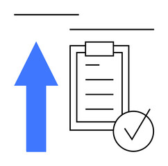 Blue arrow pointing up, clipboard-style checklist, and checkmark. Ideal for productivity, success, growth, goals, planning task management improvement. Abstract line flat metaphor
