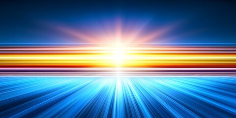 Obraz premium A vibrant abstract landscape with radiant beams of light in hues of orange, yellow, and blue, creating a dynamic and energetic effect. Concept Vibrant Abstract Landscape, Radiant Light Beams