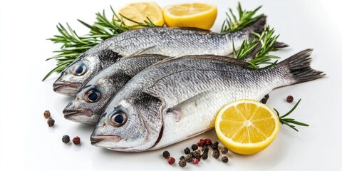 Fresh uncooked sea bream fish arranged in a row on a white background with lemon slices and rosemary sprigs for a vibrant presentation